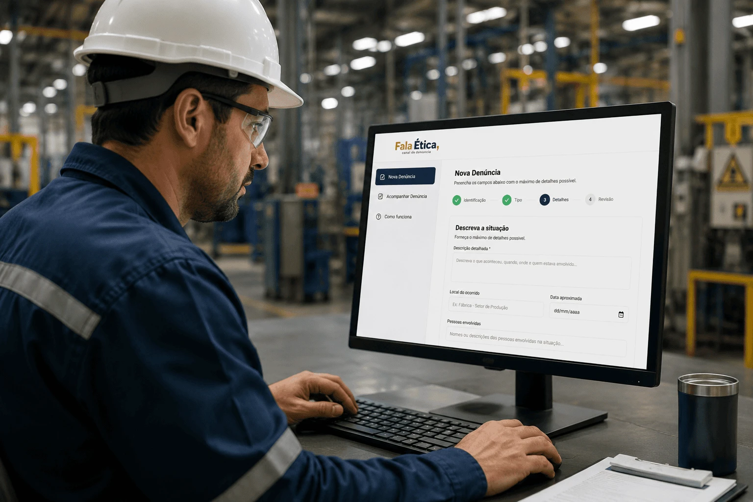 Colaborador industrial acessando canal de denúncias no computador