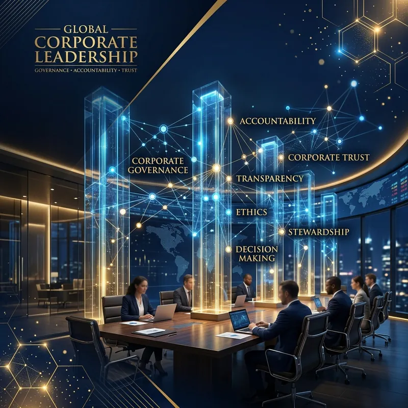 Capa da trilha Governança & Compliance: sala de conselho com conceitos de governança